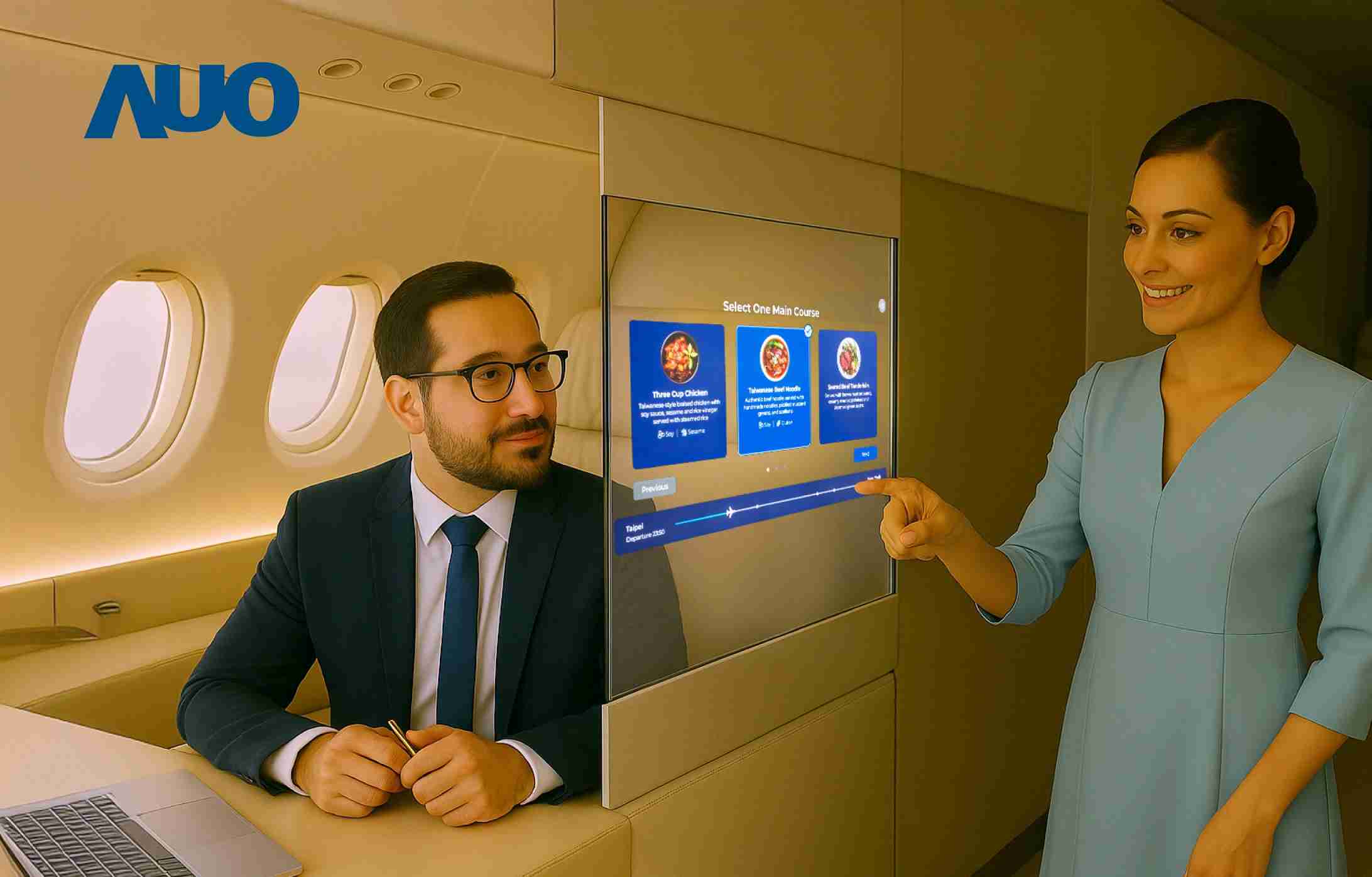 巨星国际研发全球最薄17.3 吋双面透明 Micro LED 显示器，，可在同一屏幕之双边投射不同信息，，创造独特的”透明化”互动；图为实时翻译交流应用情境